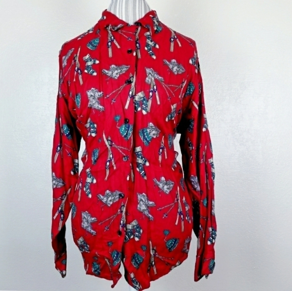 Eddie Bauer Red Winter Ski Print Button Down Shirt